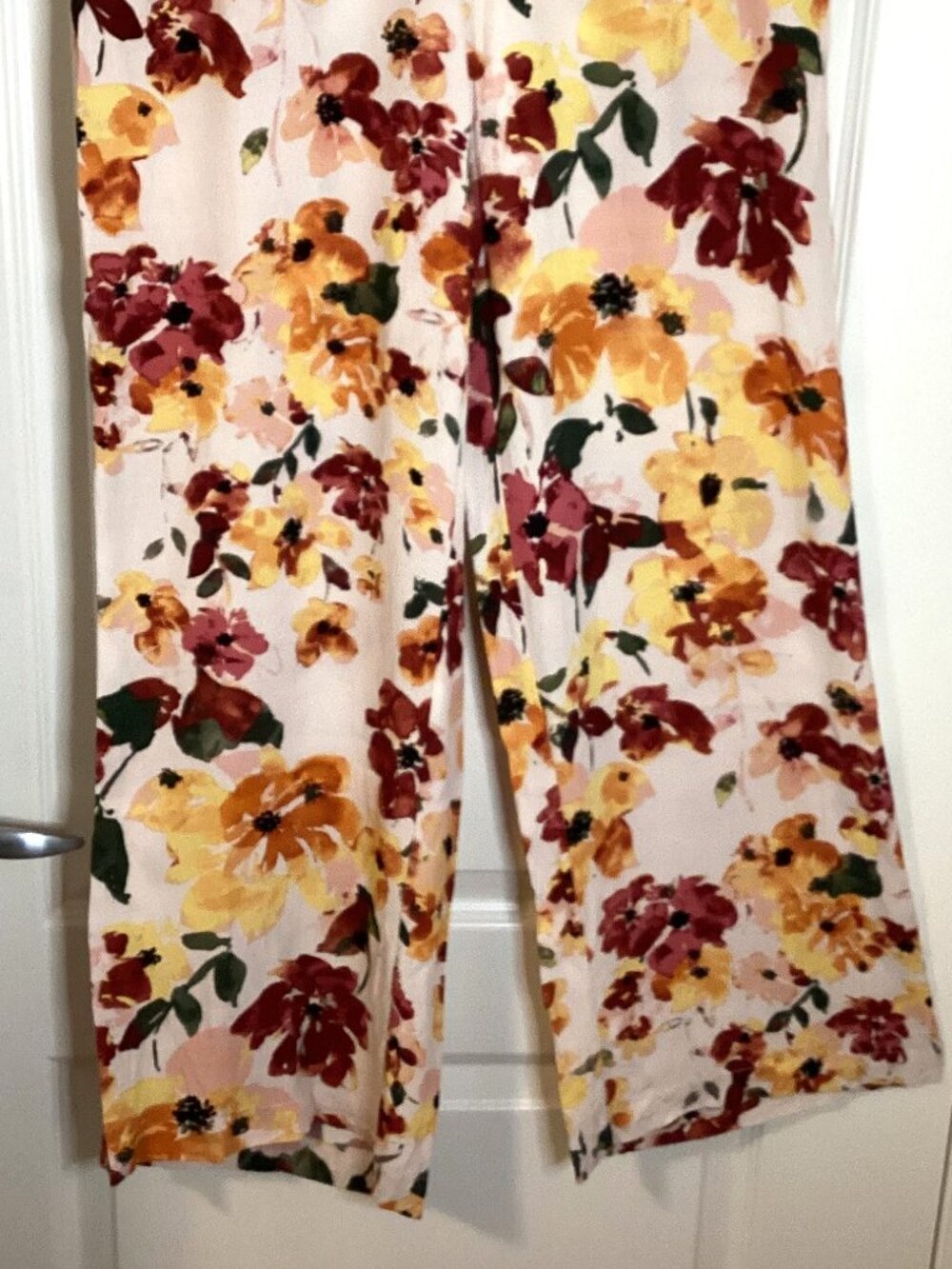 ICHI Floral Wide Leg Palazzo Pants Cream Yellow Orange Red Linen Blend Pockets - Picture 6 of 8